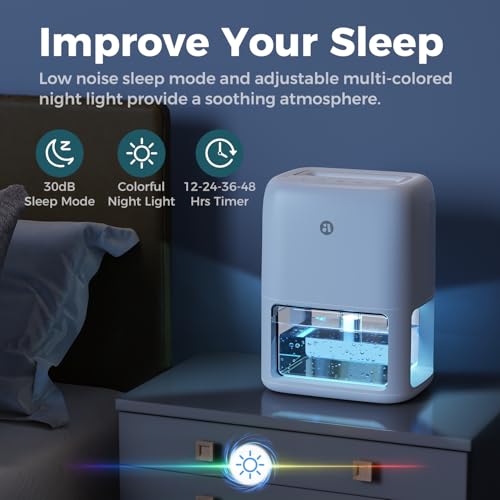 Image of 60 OZ Dehumidifiers for Home, Dual-Semiconductor Quiet Dehumidifier with Timer Sleep Mode Auto-Off 7 Colors Light Portable Small Dehumidifiers for Bathroom, Cloakroom, RV