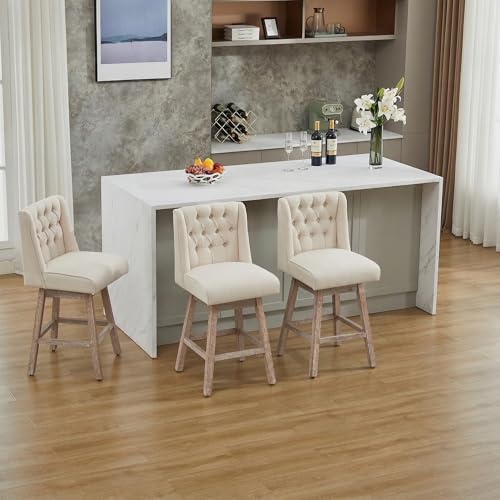 Image of Counter Height Bar Stools Set of 3, 360Swivel Bar Stools with Back and Wood Legs, 28.5 inch Morden Linen Fabric Upholstered Barstools for Kitchen Island Dining Room Bar