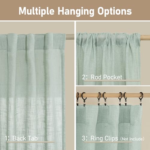 LAMIT 102 Inch Length Light Filtering Sheer Linen Curtains, Linen Textured Semi Sheer Back Tab and Rod Pocket Natural Boho Drapes for Living Room/Farmhouse, 2 Panels, Light Sage, 52 x 102 Inch