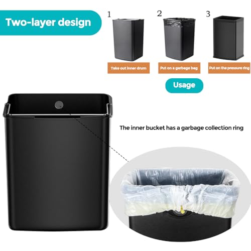 Image of 4 Gallon /15L Square Trash bin, Double Layer Bathroom Trash cans,Large Capacity,Elegant Garbage Can, for Home,Kitchen,Office,Hotel(15L Black)