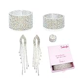 SALEYLA Competition Jewelry for NPC & Fitness Shows – Draping Earrings, Crystal Ring, 2 Stretch Bracelets & Pink Gift Box– Ideal Bikini Stage Accessories (Crystal AB)
