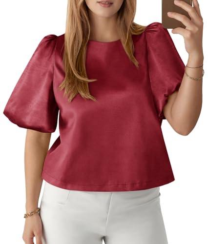 Tankaneo Womens Satin Silk Blouses Puff Short Sleeve Dressy Casual Tops Loose Fit Crew Neck Cropped Shirts Red
