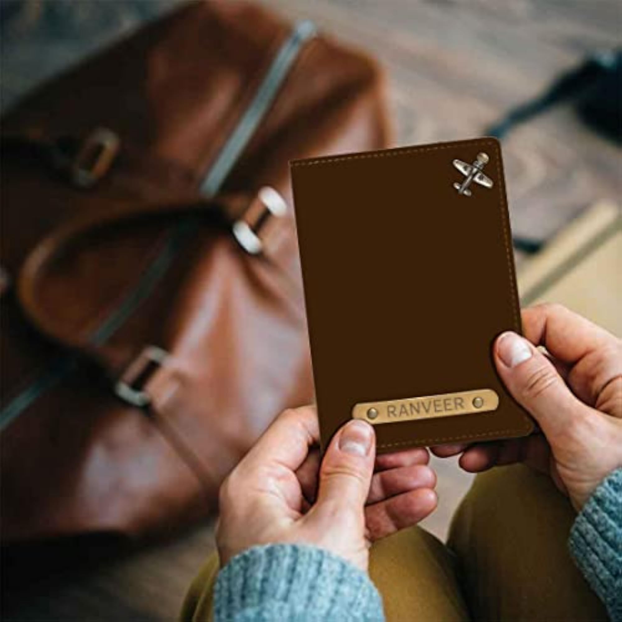 Personalised Passport Wallet Holder Name with Charm Vegan Leather, Airplane