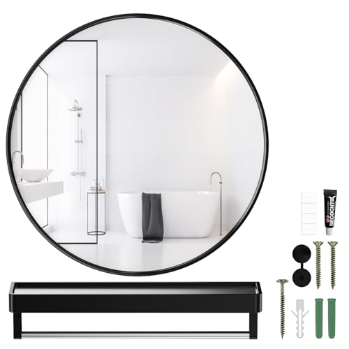 El mejor review de Espejos decorativos para baño al mejor precio. 37 Espejo Redondo de Pared, 50cm Espejo Redondo para Baño con Estante y Marco de Metal, Espejo Decorativo para Baño, Salón, Dormitorio y Entrada, Negro