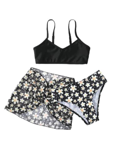 Soly Hux Girl's 3 Piece Swimsuits Floral Print Bikini Bathing Suit With Cover Up Beach Skirt Black 140 #TOP6