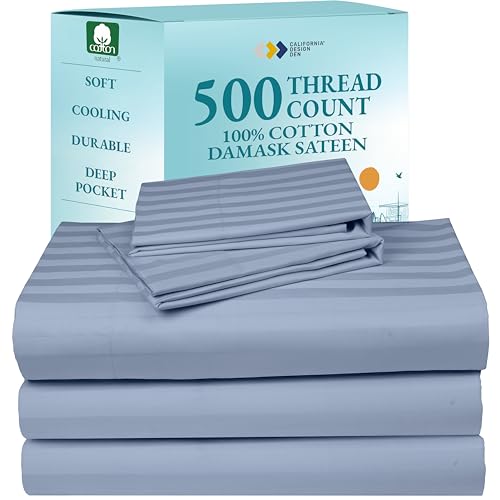 Luxury Split King Sheets Set For Adjustable Bed, 100% Cotton 500 Thread Count Sateen, Snug Fit, Set with Twin-XL Fitted Sheets, Damask Stripe Bedsheets (Split King, Stripe - Light Blue)