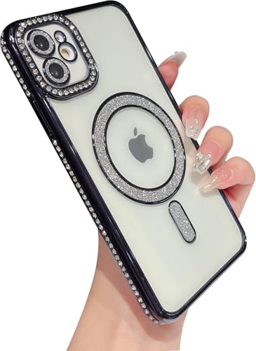 Image of The Little Shop Clear Magnetic Diamond Glitter Case for Oneplus Nord Ce 2 Lite 5G ||Full Camera Protection Luxury Bling Transparent Shockproof for Magsafe Women Girls Cute Cover|Black