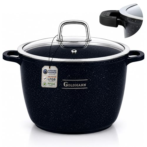 GOLDMANN Kochtopf Aluguss/Suppentopf, 24 cm, 6.2 l, antihaftbeschichtete Keramik in Marmoroptik, Glasdeckel, geeignet für Induktion und alle Herdarten, ofenfest und PFOA-frei