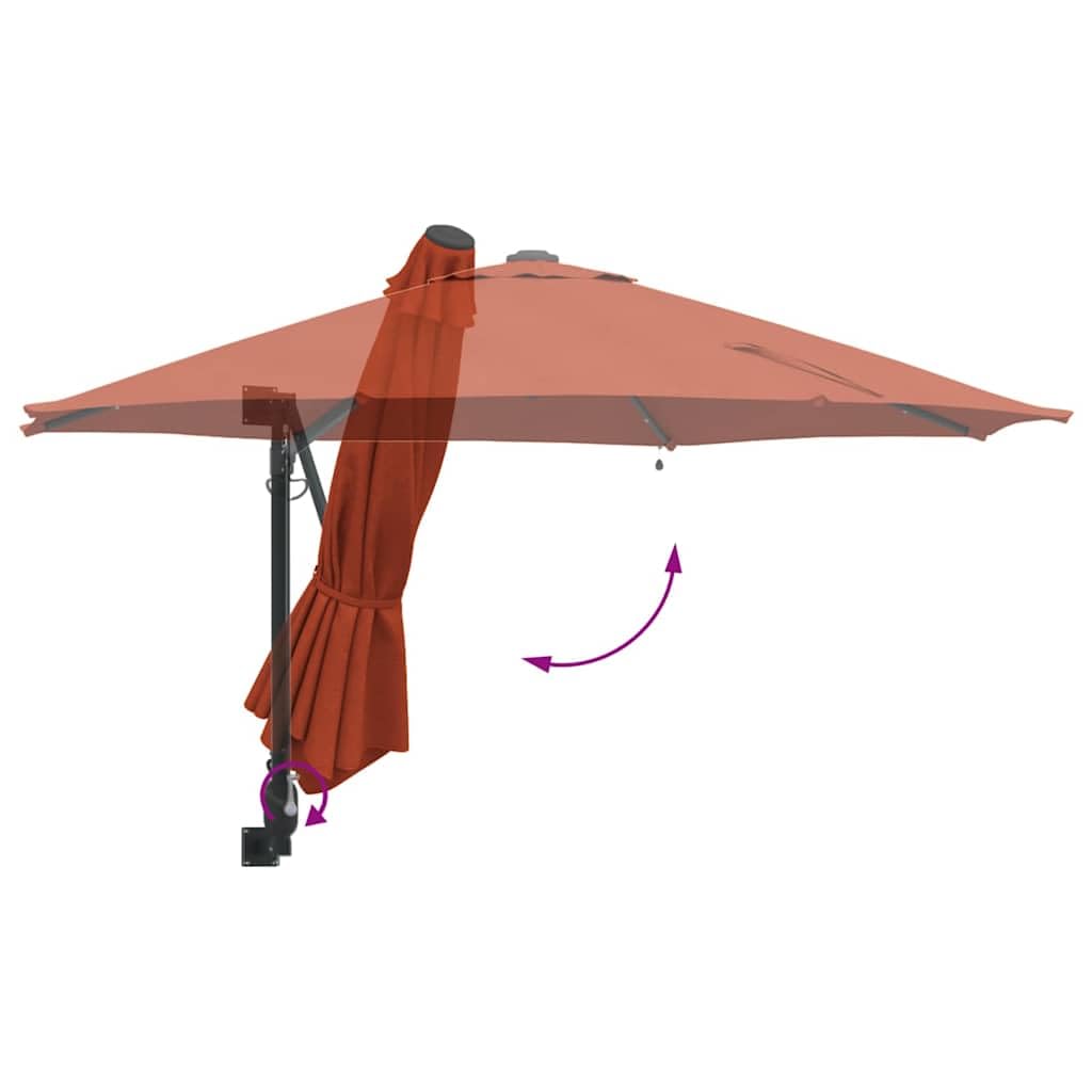 Ombrellone da giardino in terracotta, 248 x 248 cm, resistente ai raggi UV, inclinabile, con illuminazione a LED solare, meccanismo a manovella, robusto telaio in acciaio per terrazza, veranda