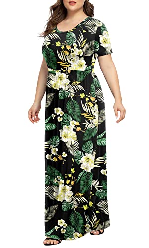 Longyuan Woman Plus Size Maxi Dress Casual Short Sleeve Wedding Long Dresses With Pockets Yellow Green Lily,3Xl #TOP1