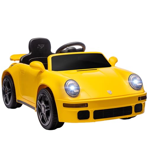 AIYAPLAY Coche eléctrico para niños de 12 V con mando a distancia de 2,4 GHz, 2 motores, arranque suave, indicador de energía, reproductor MP3, luces LED, claxon, para 3-6 años, color amarillo