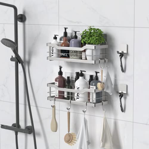 Carwiner Shower Caddy Bathroom Shelf 2-Pack, Basket With 8 Hooks For Hanging Shampoo Conditioner, Sus304 Stainless Steel Rack Wall Mounted Storage Organizer For Kitchen, No Drilling (Silver) #TOP1