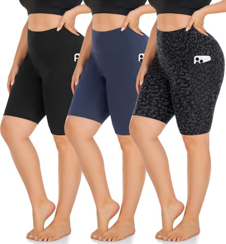 MOREFEEL 3 Pack Plus Size 8" Biker Shorts with Pockets for Women-High Waist Non-See Through Workout Black Yoga Short