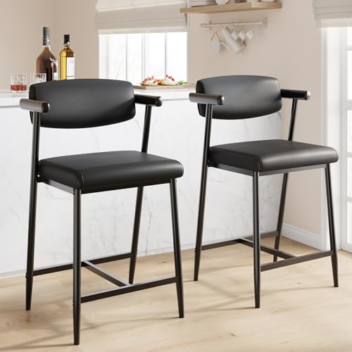 Image of GarveeHome Bar Stools Set of 8 with Arms, 26 inch Modern 8pcs Counter Height Metal Barstools Set with Back & Footrest, Upholstered Wider Seat, Sturdy Frame, for Counter Bar, Kitchen Island, Retro Black