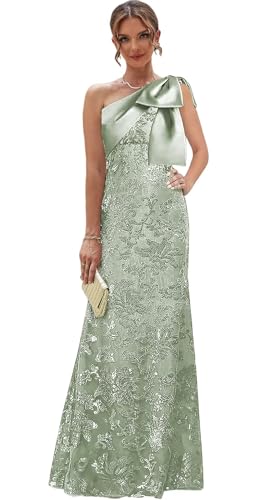 One Shoulder Mother of The Bride Dresses for Women Sequin Lace Formal Evening Dress with Bow