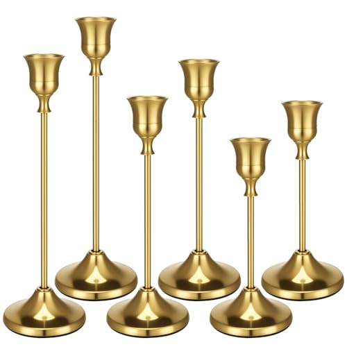 6 Pcs Candle Holders Candlestick, Metal Candle Stand Holder Retro Pillar Candle Holder for Home Party Living Room, Wedding Thanksgiving Christmas Advent Dinning Table Mantel Decoration(Brass Gold)