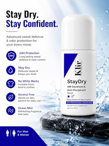 Image of Klir StayDry Anti-Perspirant Roll On Deodorant for Men & Women | 24H Sweat & Odor Protection | Alcohol Free | No White Marks | Underarm Sweat Control | Ocean Mist | 50ml