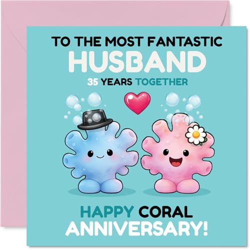 Tarjeta divertida de 35 aniversario para marido, un toque de diversión para tu aniversario de coral, adorable diseño de criaturas marinas con un ambiente alegre, cuadrada de 145 mm, sobre incluido