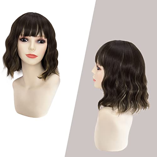 Yamel Wavy Bob Wig with Bangs Dark Brown mix Bleach Blonde Wig Synthetic Hair Shoulder Length Short Curly Wigs for Women - Image 2