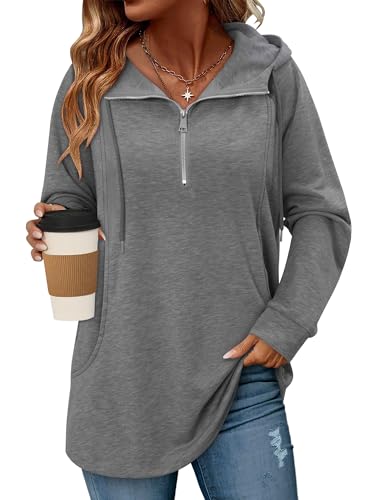 onlypuff Women Hoodie Pullover Trendy Quarter Zipper Lapel Sweatshirts Drawstring Cute Hooded Tunic Tops with Side Pockets