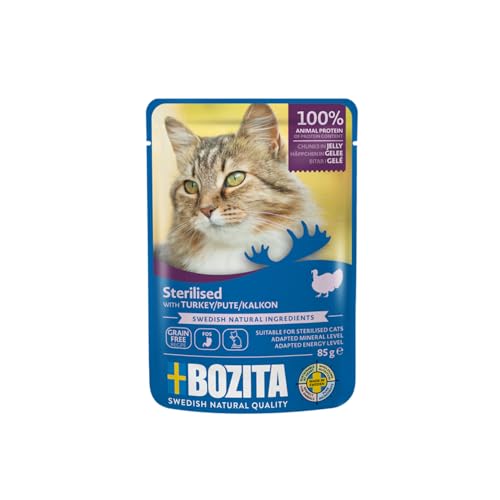 Bozita Sterilised Nassfutter Häppchen in Gelee mit Pute - 12x85g Portionsbeutel getreidefreies & weizenfreies Futter für Katzen - Katzen Nassfutter mit 8,5% Protein & 3,5% Fettgehalt