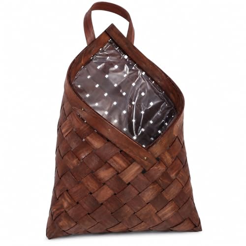 Wionin Wall Hanging Woven Basket, Rustic Wood Chip Organizer for Flowers, Fruits, Vegetables, Garlic and Onions, Farmhouse Kitchen Pantry Front Door Decor, Coffee Brown, 1 Pack
