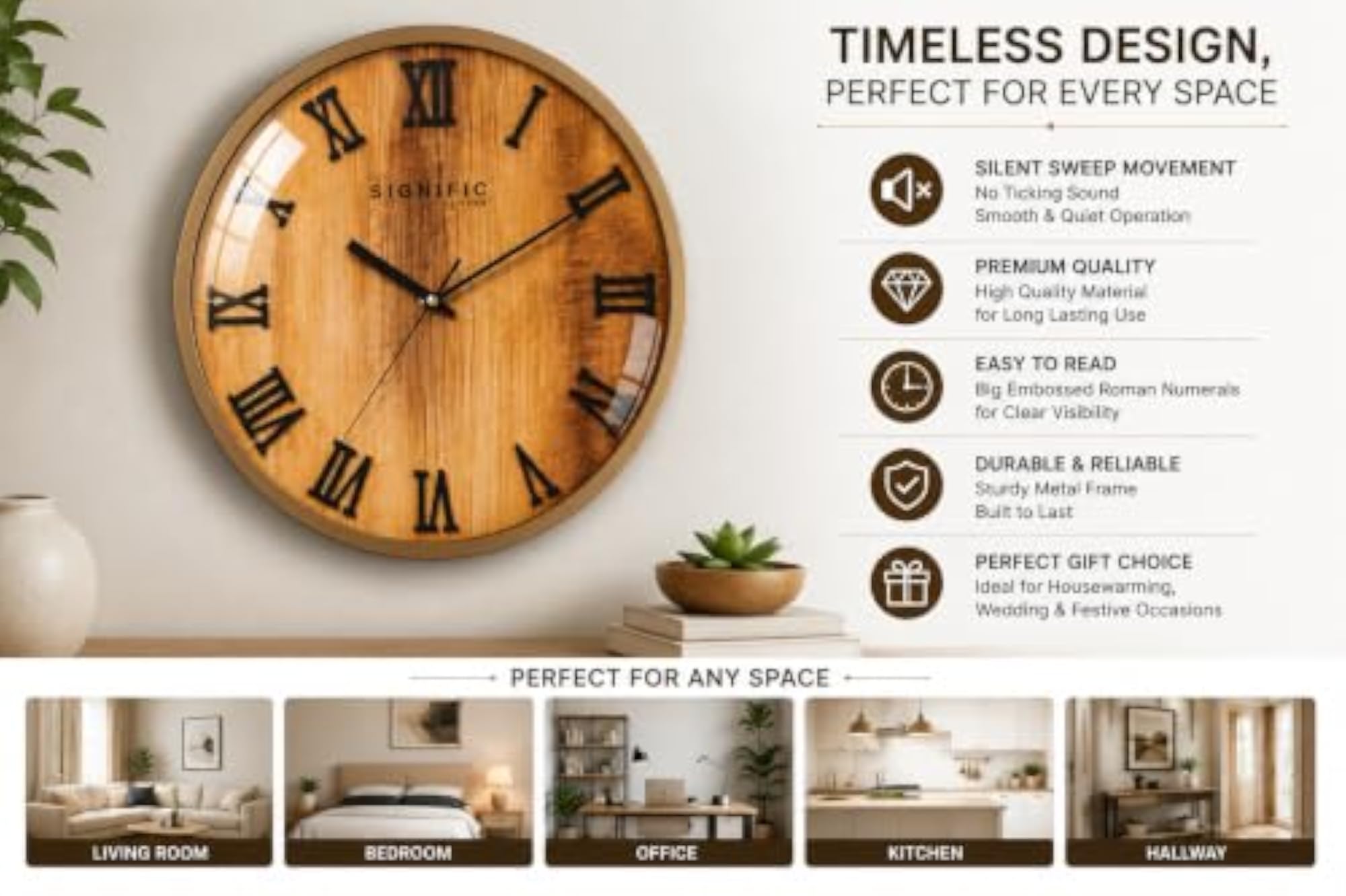 16-Inch Premium Wooden Wall Clock with Metal Frame