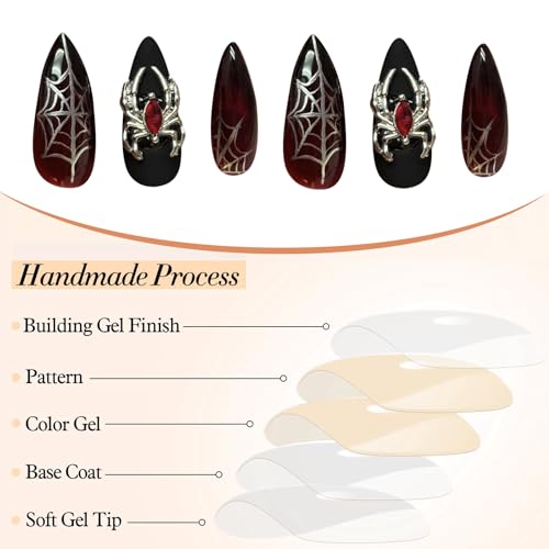 GlamRays 24 Stück Press on Nails Mittel Mandel Spinnen Charms Falscher Nagel Rot Gradient Falscher Nagel Mit Spinnennetz-Design Schwarz Matt Acryl Nagel Glänzend Kleb Nagel