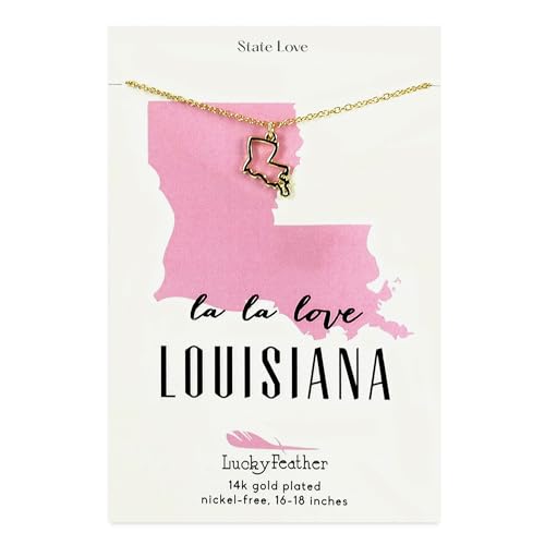 Lucky Feather State Shaped Necklace | 14k Gold-Dipped Pendant Necklace | 16”-18” Adjustable Necklace Chain | State Love Fashion Jewelry For Women | Dainty Necklace For Women | Great Gift Idea