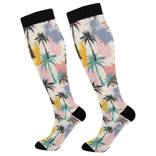 ALAZA Athletic Compression Socks Knee High Socks Stockings for Women Palm Colorful Pastel Running Circulation Sport Football
