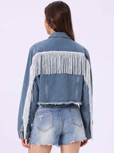 Womens Cropped Jean Jackets Long Sleeve Western Frayed Tassel Fringe Denim Jacket4