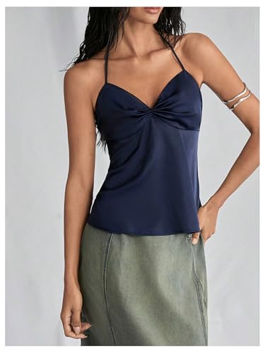 SweatyRocks Women's Ruched Satin Halter Tops Sleeveless Summer Camisole Going Out Top3