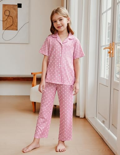 Arshiner Pajamas for Girls Short Sleeve Long Pants Outfit 2 Piece Sleepwear Button Pjs Sets2