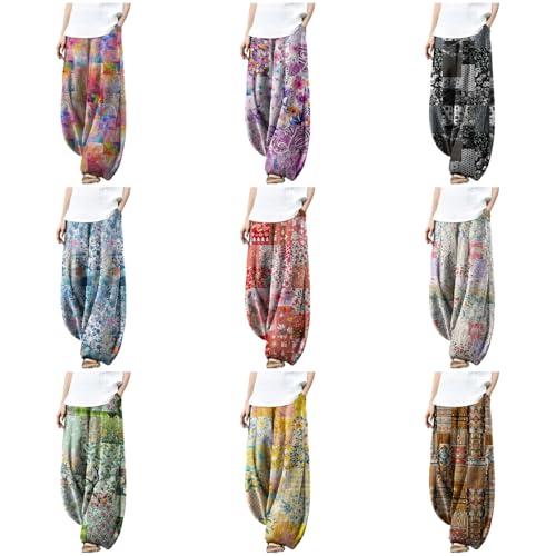 Wide Leg Patchwork Pants for Women Dressy Casual Palazzo Pants Plus Size Elastic Waist Lantern Harem Pants3
