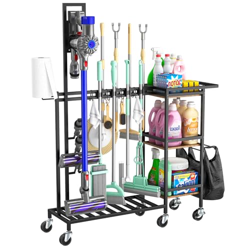 Housolution Cleaning Utility Cart on Wheels, Multifunctional Cleaning Tools Supplies Organizer with Broom and Mop Holder, Vacuum Stand Compatible with Dyson, Rolling Storage Cart for Home