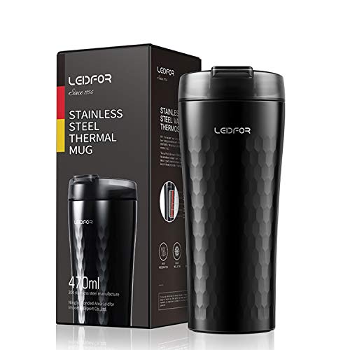 Leidfor Coffee Travel Mug Tumbler Thermal Cup Vacuum Insulated Stainless Steel Leakproof Lid Keep Hot Cold 16-Ounce Black