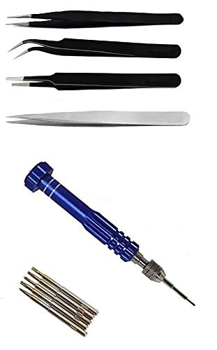 Wroughton Tool kit 5 in 1 For All Mobiles Repair Screwdriver Set and 1 Stainless Steel Non Magnetic Tweezer- Straight and Set of 3 ESD Non Magnetic Tweezers- Straight, Flat & Curved