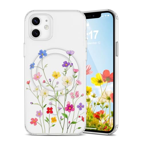 Coque compatible Magsafe pour iPhone 12 Pro avec protection mince anti-jaunissement motif fleurs