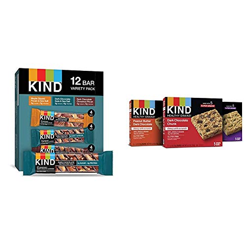 KIND Bars, Nuts and Spices Variety Pack, Gluten Free, Low Sugar, 1.4 Ounce Bars, 12 Count & Healthy Grains Granola Bars, Dark Chocolate Chunk, Peanut Butter Dark Chocolate, 1.2 oz, 15 Count