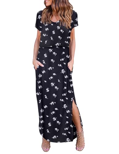 Image of Ekouaer Women's Nursing Dress Summer V Neck Short Sleeve Maternity Split Long Dresses for Breastfeeding with Pockets S-XXL