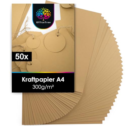 OfficeTree 50x Kraftpapier A4 300g - Drucker geeignet - Kartonpapier zum Basteln f&uuml;r Einladungen Men&uuml;karten - Kartonpapier - Braunes Papier - Craft Papier zum Drucken und Schreiben - Craftpapier A4