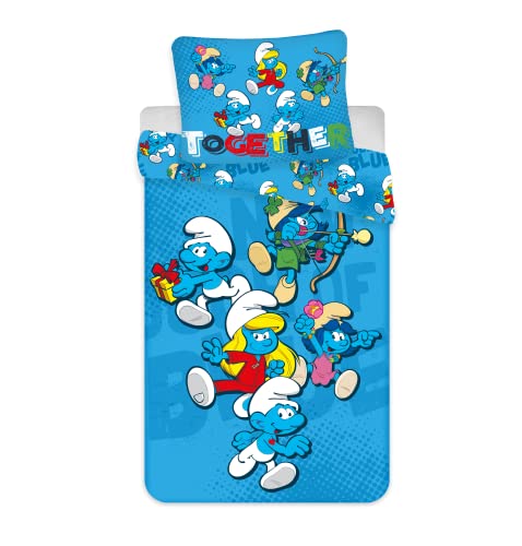 BrandMac Parure de lit Schtroumpfs 100% Coton, Housse de Couette 140x200 cm et Taie d'oreiller 65x65 cm, Bleu, Smurfs