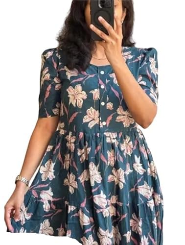 Image of Women's Rayon A-Line Midi Dress, Red and White Floral Print, Short Sleeves, Tiered Design, Round Neck, for Summer Wear