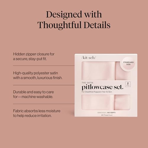 Image of Kitsch Satin Pillowcase with Zipper for Hair & Skin - Softer Than Silk Pillow Cases, Smooth Cooling Satin Pillow Case, Wrinkle-Free, Machine Washable - Pillow Cases Standard Size 19x26 - Blush, 2pcs