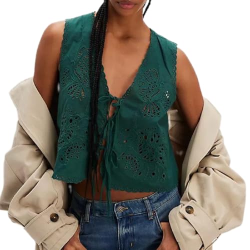 Women Sleeveless Tie Front Top Sweet Deep V-Neckline Boxy Fit Floral Embroidery Throughout Vest Tank Top Eyelet Trim