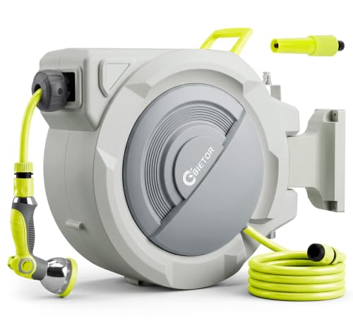 Bietor Retractable Garden Hose Reel 1/2 x 30m+2m Upgraded UV Resistant Heavy Duty Wall Mounted Hose Reel with 10 Patterns Nozzle Any Length Lock Slow Return System 180Swivel Bracket