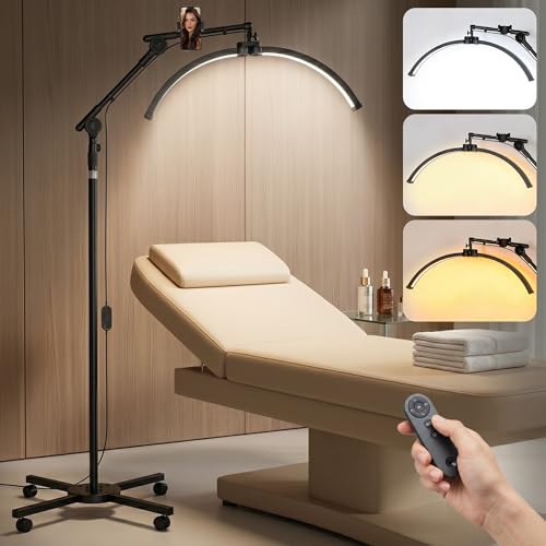 Yigowyigo Lampadaire demi-lune pour cils - Hauteur réglable de 145 à 205 cm - Roulettes à 360 ° - Intensité variable - 4000 lm - Avec télécommande et...