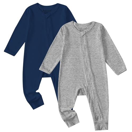 Image of Jimonda Ribbed Rayon From Bamboo Baby Boys/Girls Sleepers, 2-Way Zipper Long Sleeve Footless Pajamas With Mittens Soft Pjs