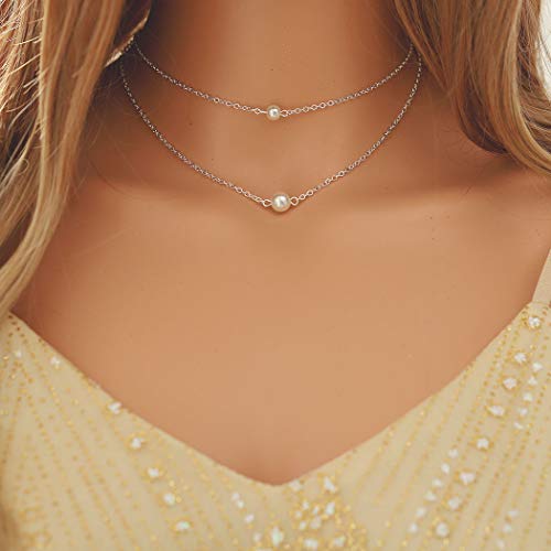 Fstrend Lucky Layered Necklace Dainty Simple Pearl Choker Pendant Charms Necklaces Jewelry for Women and Girls (Silver)