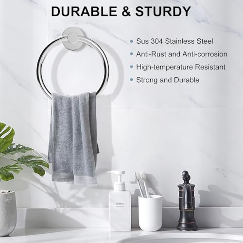 Image of SetSail Towel Holder for Bathroom Wall 4 Packs Towel Ring Stainless Steel Heavy Duty Hand Towel Hanger for Bathroom Screw-in, Mirror Silver